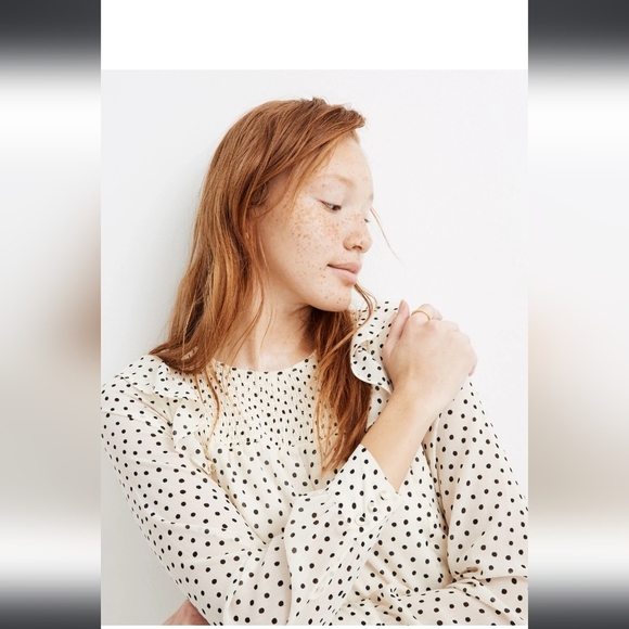 Madewell Smocked Ruffle- Shoulder Midi Dress In Inkbrush Dots. Size M - Picture 3 of 12